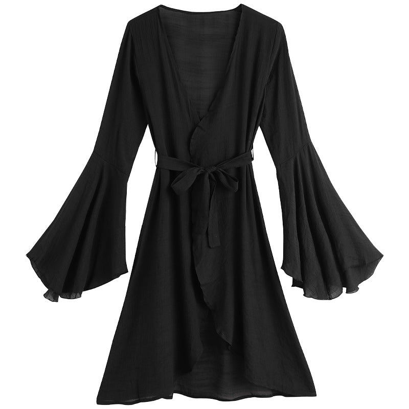 Long Tie Sun Protective Blouse Trumpet Long Sleeved Cardigan Bikini Overskirt Women Summer