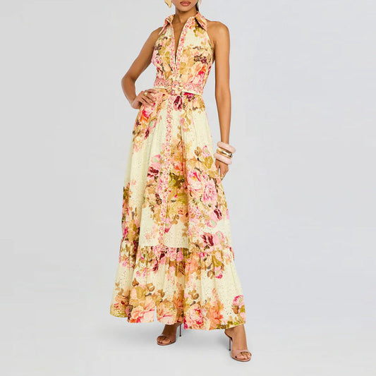 Retro Elegance Floral Printed Dress Summer Waist Slimming Sleeveless Lace up Dress