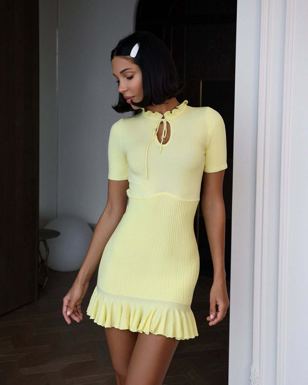 Women Clothing Lotus Leaf Dress Short Sleeve Solid Color Sweet Multicolor Sunken Stripe Sexy Dress