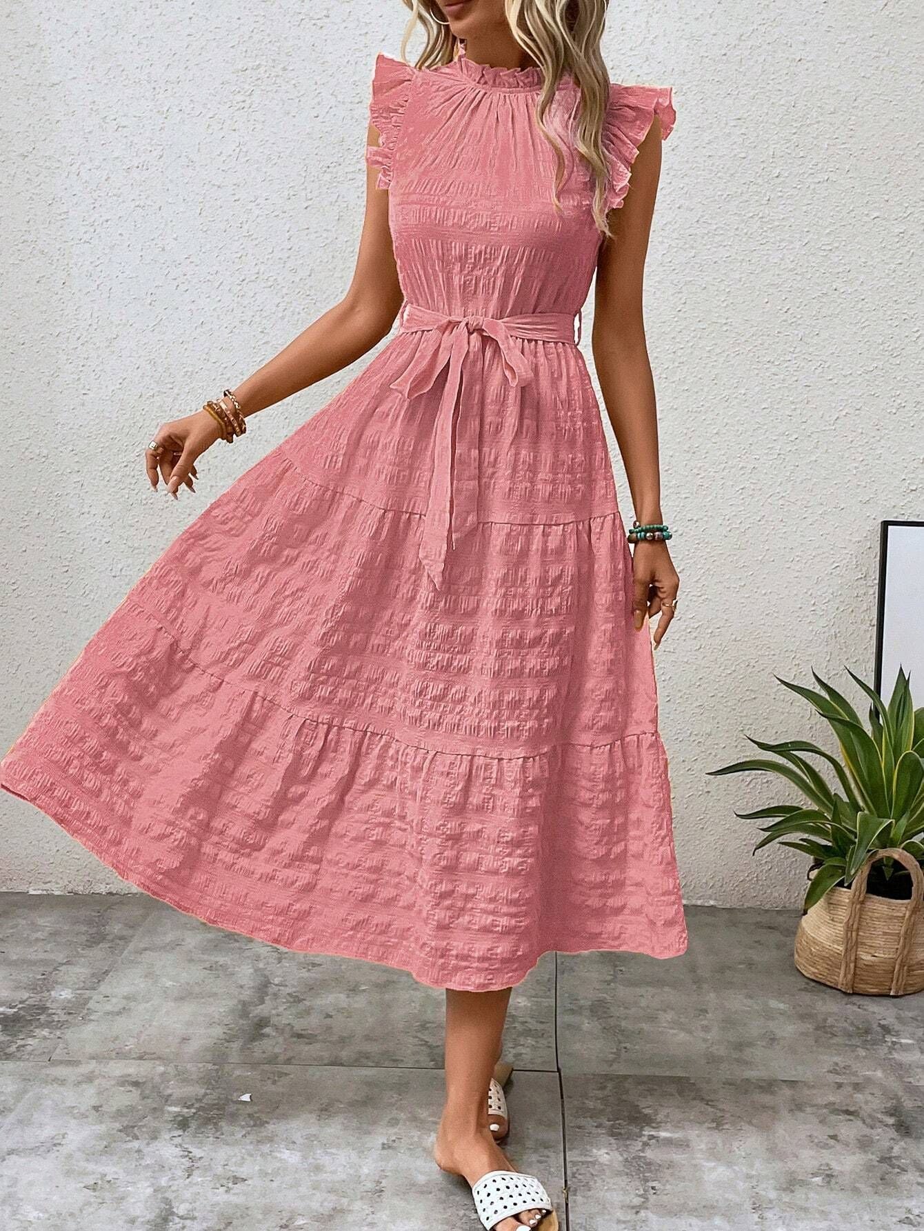 Women Clothing Summer Fashionable Stringy Selvedge Flying Sleeves Lace Up Texture Dress