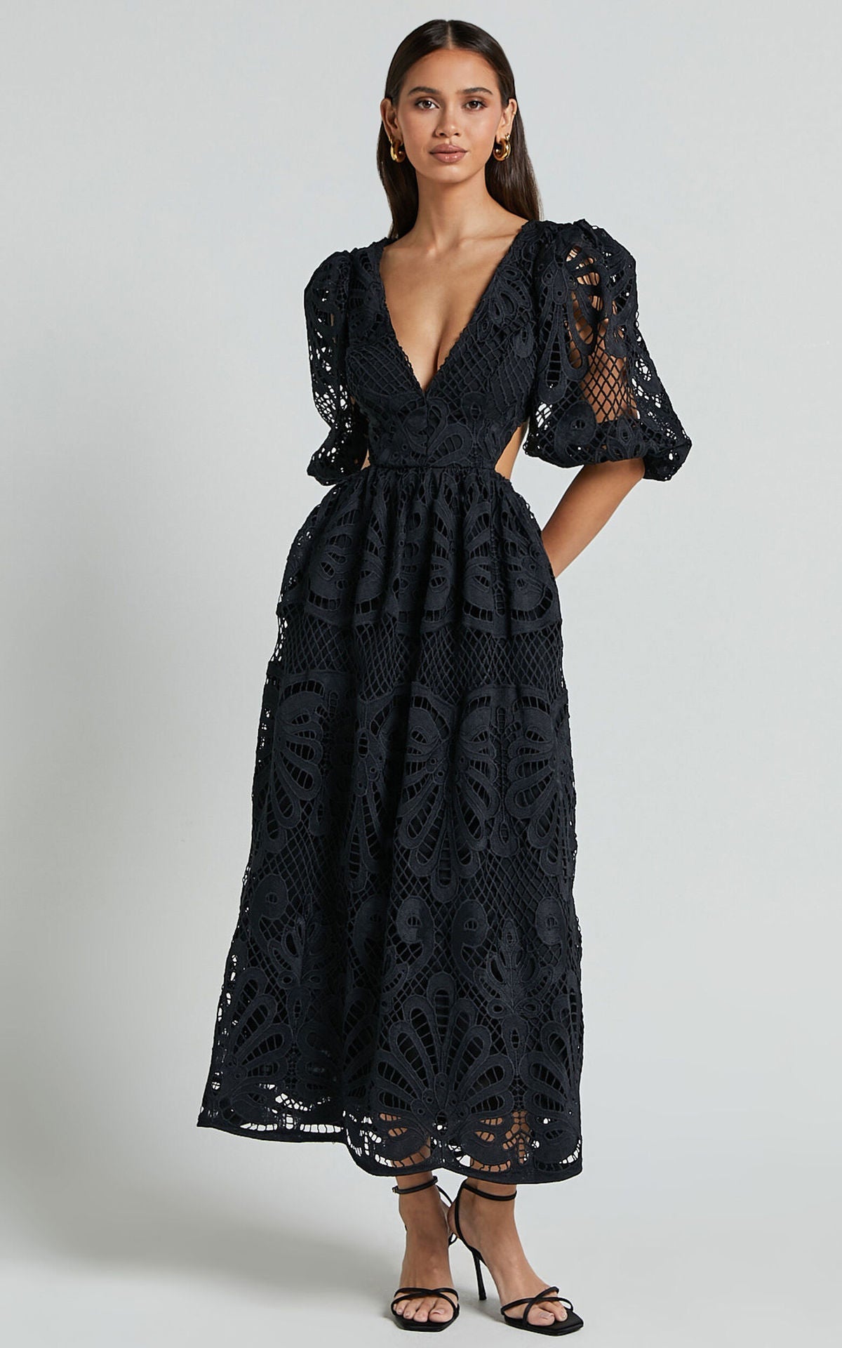 Women Clothing Hollow Out Cutout out Dress Summer V neck Lace Embroidery Sexy Waist Baring Dress