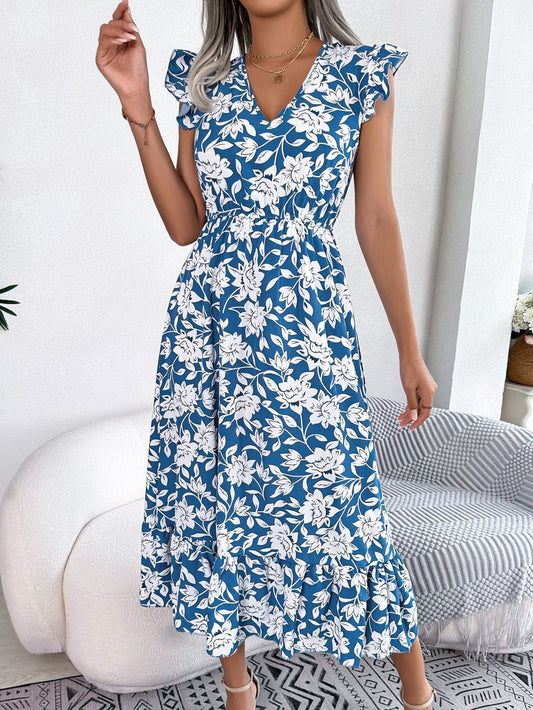 Spring Summer Casual Wooden Ear Floral Waist Slimming Maxi Dress Holiday Dress Women Clothing