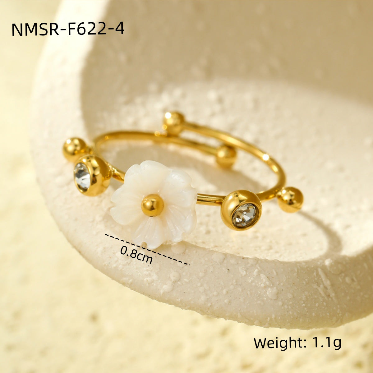 Floral 18K Gold Titanium Steel Ring Niche High Sense White Lip Shell Inlaid Zircon Women Ring