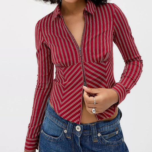 Women Clothing Spring Advanced Striped Long Sleeve Cardigan Shirt