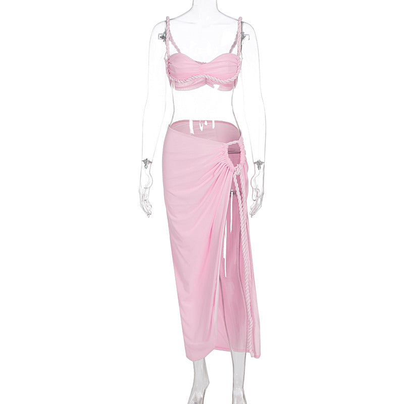 Summer Sexy Beach Vacation Swimsuit Woven Halter Top Top Split Skirt Set