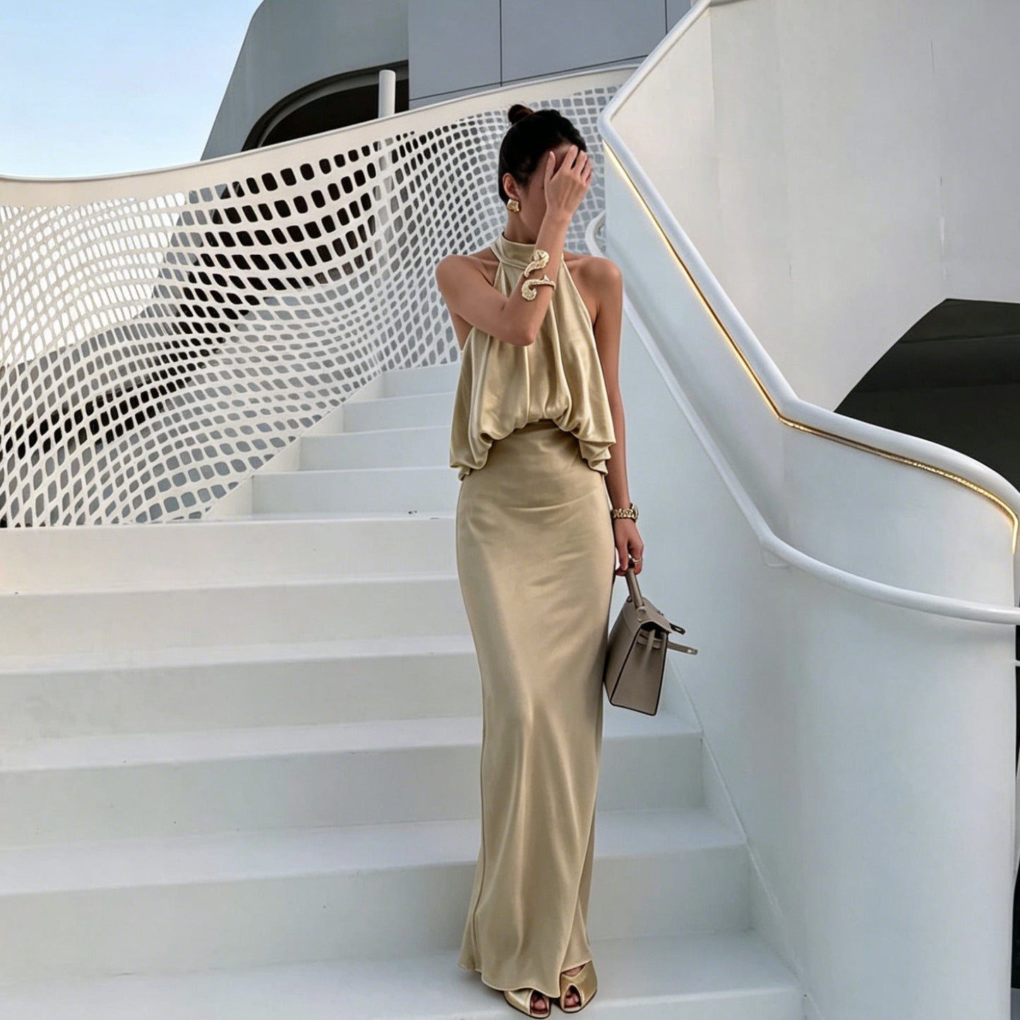Satin Light Luxury Design Apricot Halter Lace up Backless Slim Fit Sleeveless Women Summer Dress
