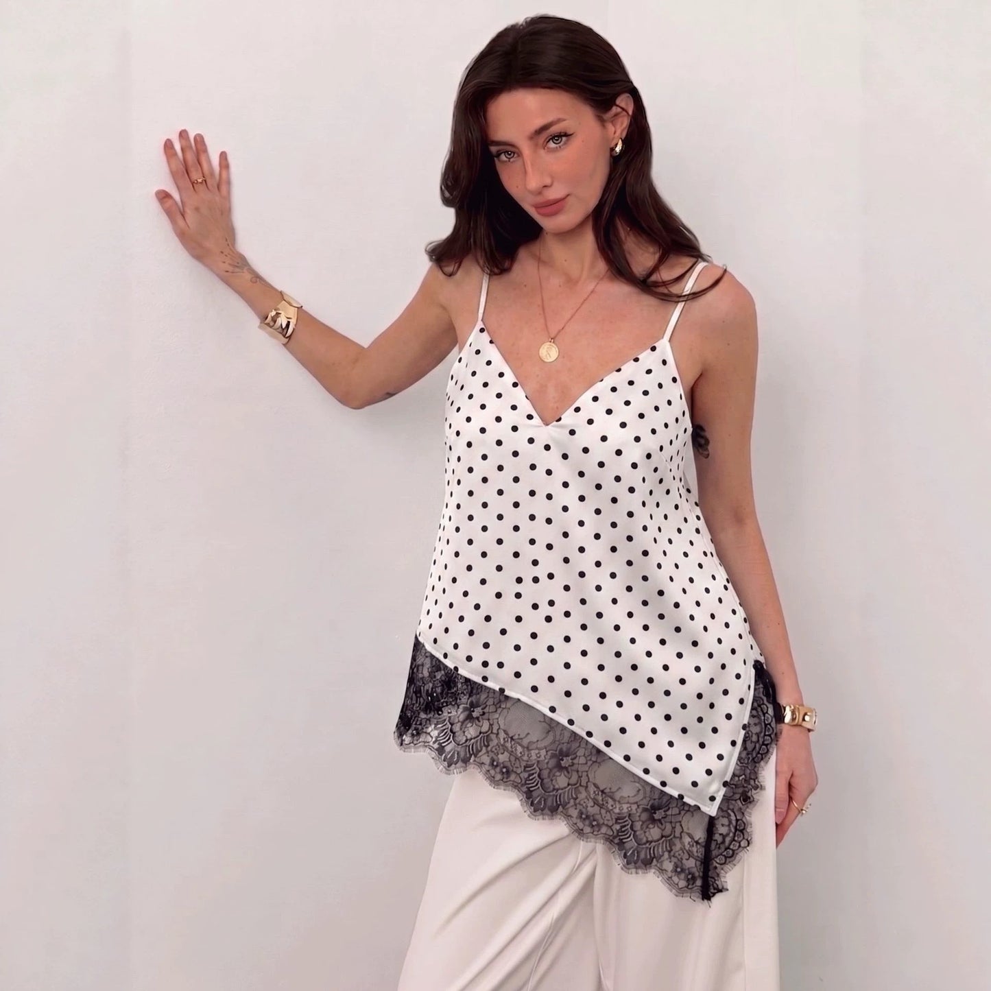 V neck Irregular Asymmetric Lace Patchwork Top Loose Camisole