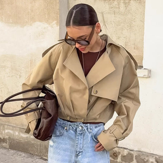 Autumn Khaki Double Breasted Collar Trench Coat Coat Casual Jacket for Women