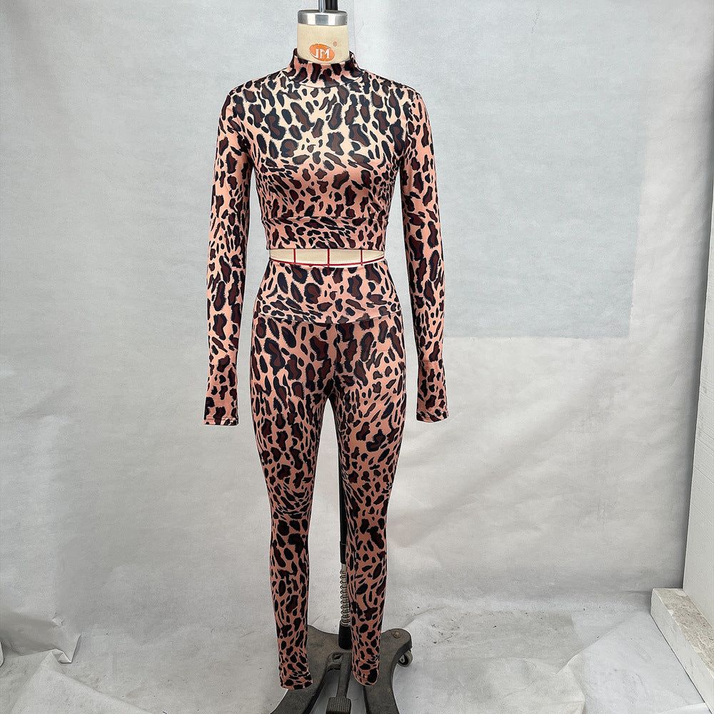 Women Clothing Autumn Stand Up Collar Cinched Cropped Long Sleeve Top High Waist Hip Raise Pants Two Piece Fitness Set