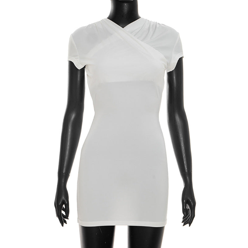 Women Clothing Summer Solid Color Casual Short Sleeve Front Cross Back Exposed Hollow Out Cutout Out Short Dress