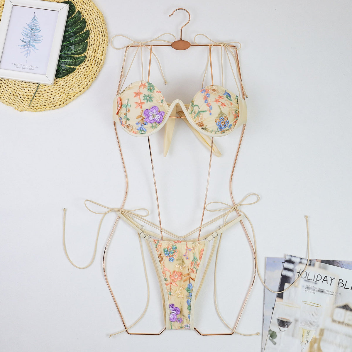 Embroidery Push up Bikini Swimsuit Women Sexy Thin Strap Three Point Steel Bracket Split Swimsuit