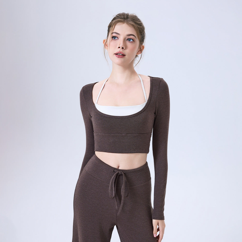 Nude Feel Contrast Color Yoga Clothes Long Sleeve Semi Fixed Cup Running Slim Sports Bra Breathable Workout Clothes Top