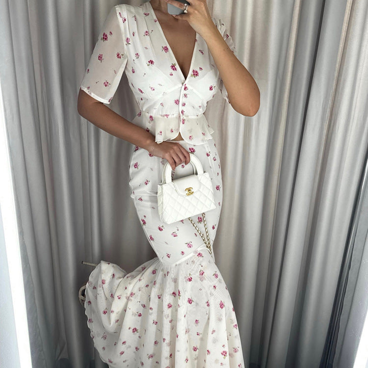V neck Short Sleeve Cardigan Top Hip Skirt Two Piece Set Summer Printed Skirt Set for Women