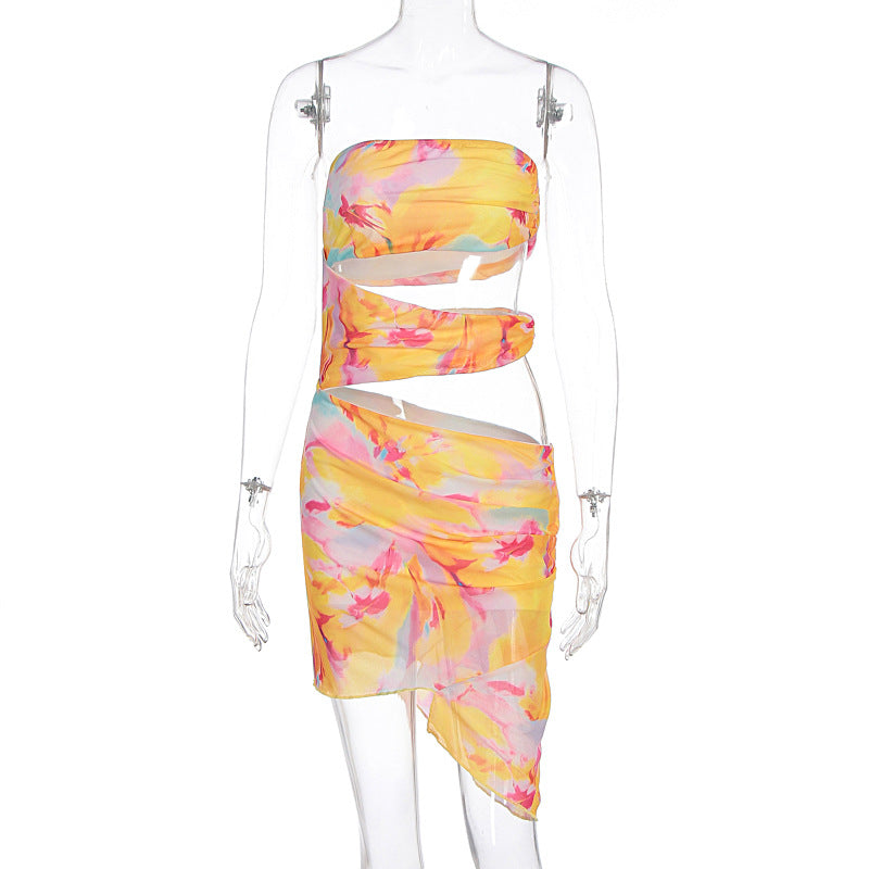 Women Clothing Summer Printed Sexy Beach Holiday off Shoulder Tube Top Package Hip Dress