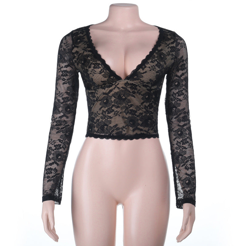 Autumn Sexy Hollow Out Cutout out V neck Lace See through Bottoming Top
