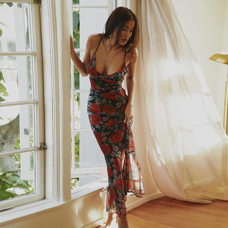 Spring Fashionable Sexy V neck Elegant All Match Slim Fit Long Printed Cami Dress for Women