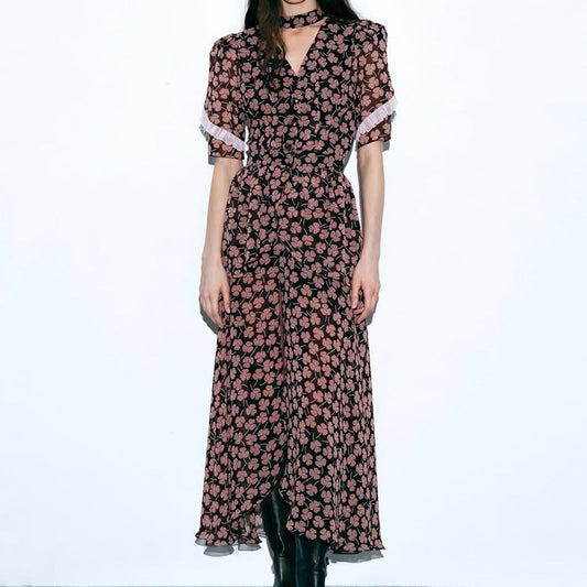 Digital Printing French Dress Women V neck Short Sleeve Front Slit Waist Seal Floral Dress