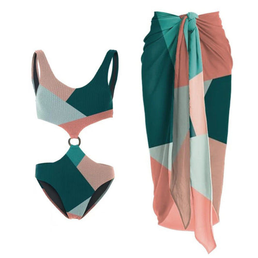 Contrast Color One Piece Bikini Two Piece Set Wishi Mesh Gauze Skirt Vacation Swimwear