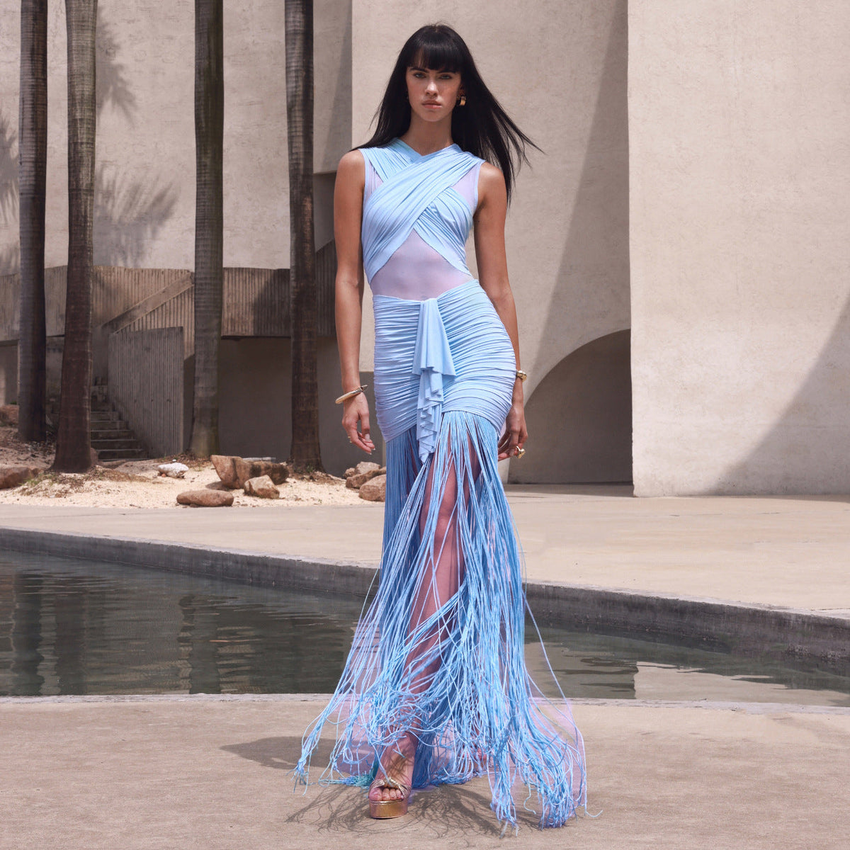 Women Clothing Sexy Solid Color Sling See through Mesh Pleats Cross Dress Vacation