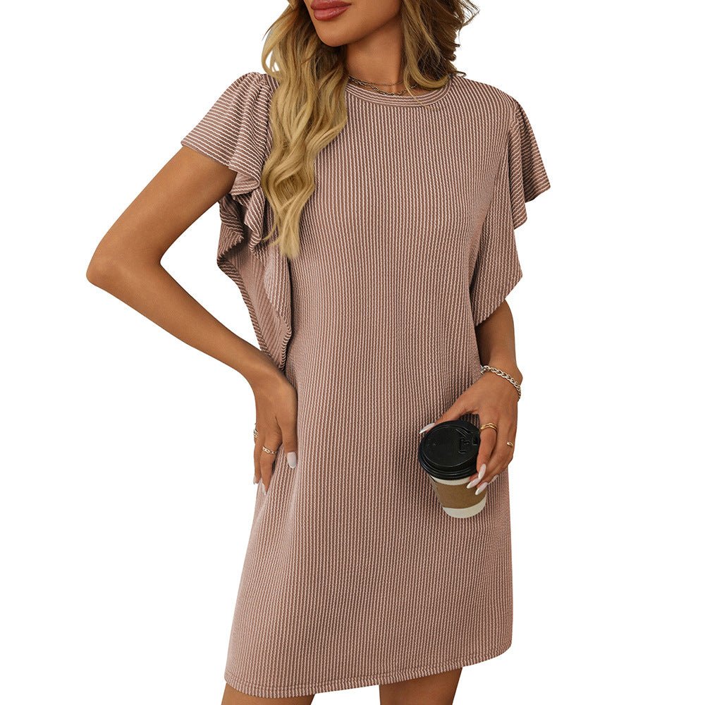 Summer Women Clothing Contrast Color Twist Strip Ruffle Sleeve Mid Length Dress