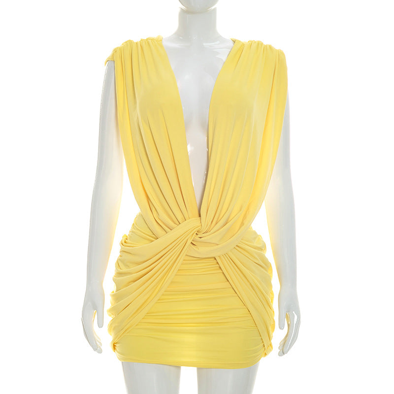 Women Clothing Summer Solid Color Casual Cross Twist Sleeveless Pleated Slim Short Dress