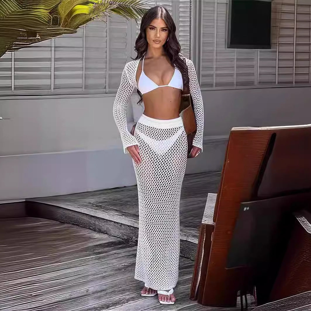 Summer Beach Skirt Set Sexy Cutout Knitting Bikini Swimsuit Blouse Sun Protective Clothing Women