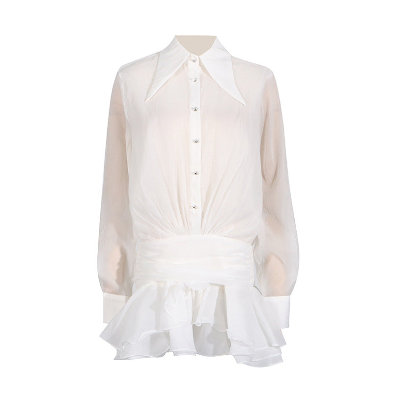 Dress Women Summer Polo Collar Solid Color Mesh Pleated Slim Design Long Sleeve Short Dress