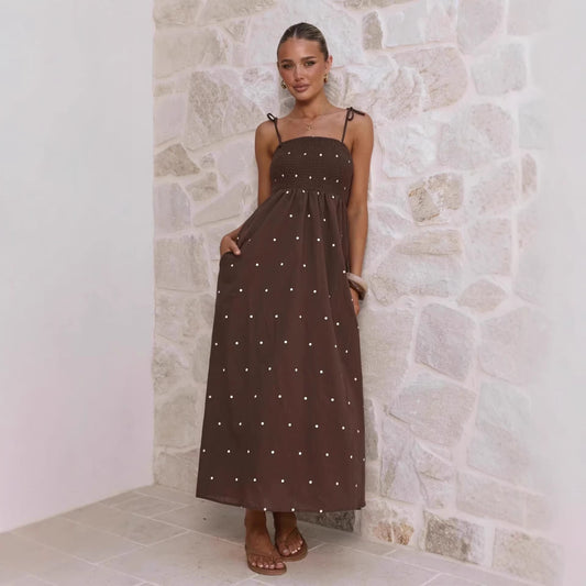 Polka Dot Printing Slip Dress Summer Tied High Waist Dress Women Dress