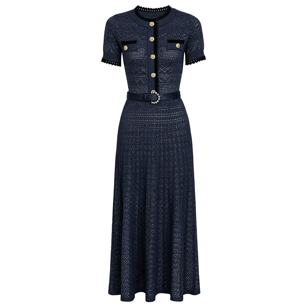 Summer Ladies Internet Popular Slim Fitting Figure Flattering Belt Short Sleeve Long Pattern Dress Women