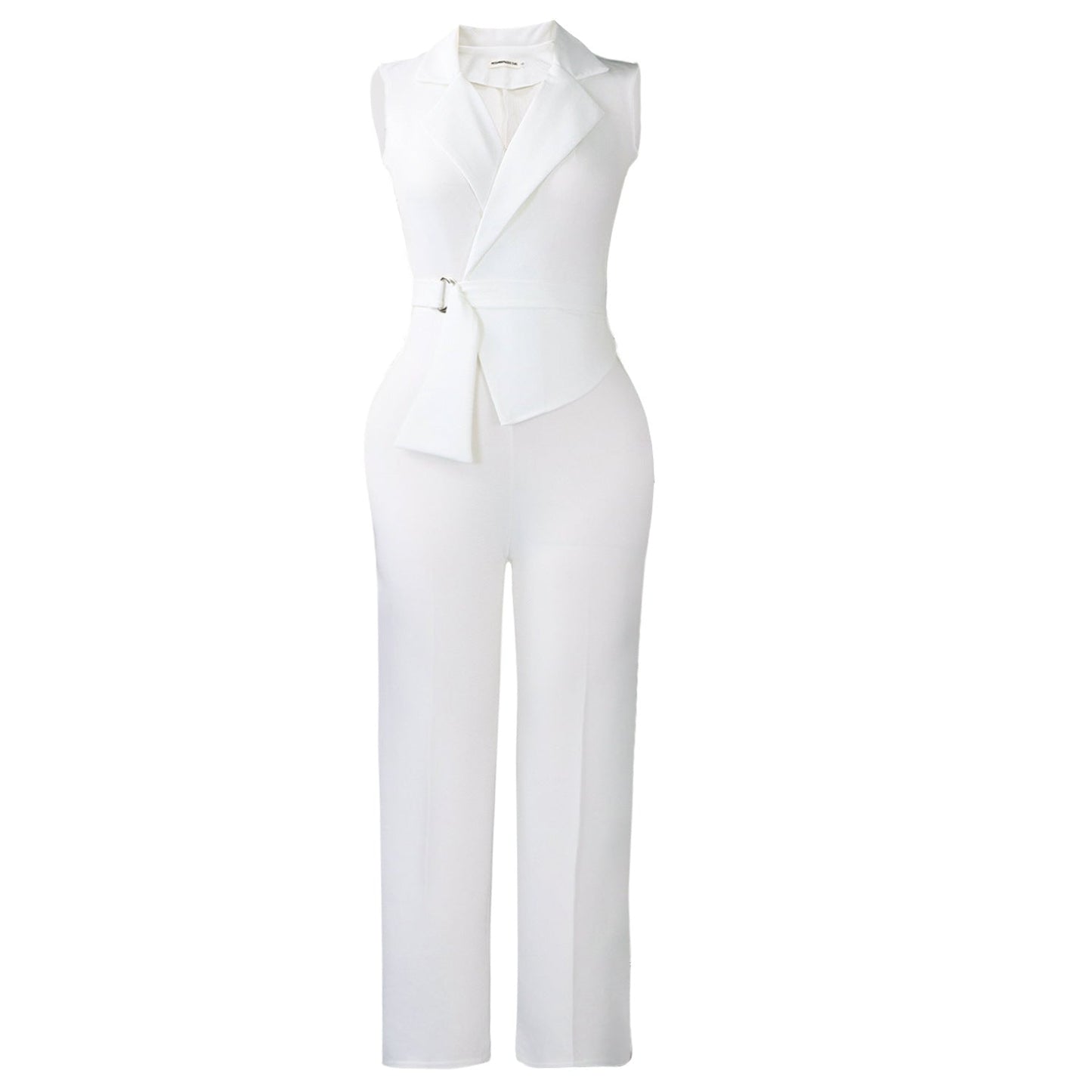 Summer Solid Color Sleeveless Collar Lace up Wide Leg Pants Jumpsuit