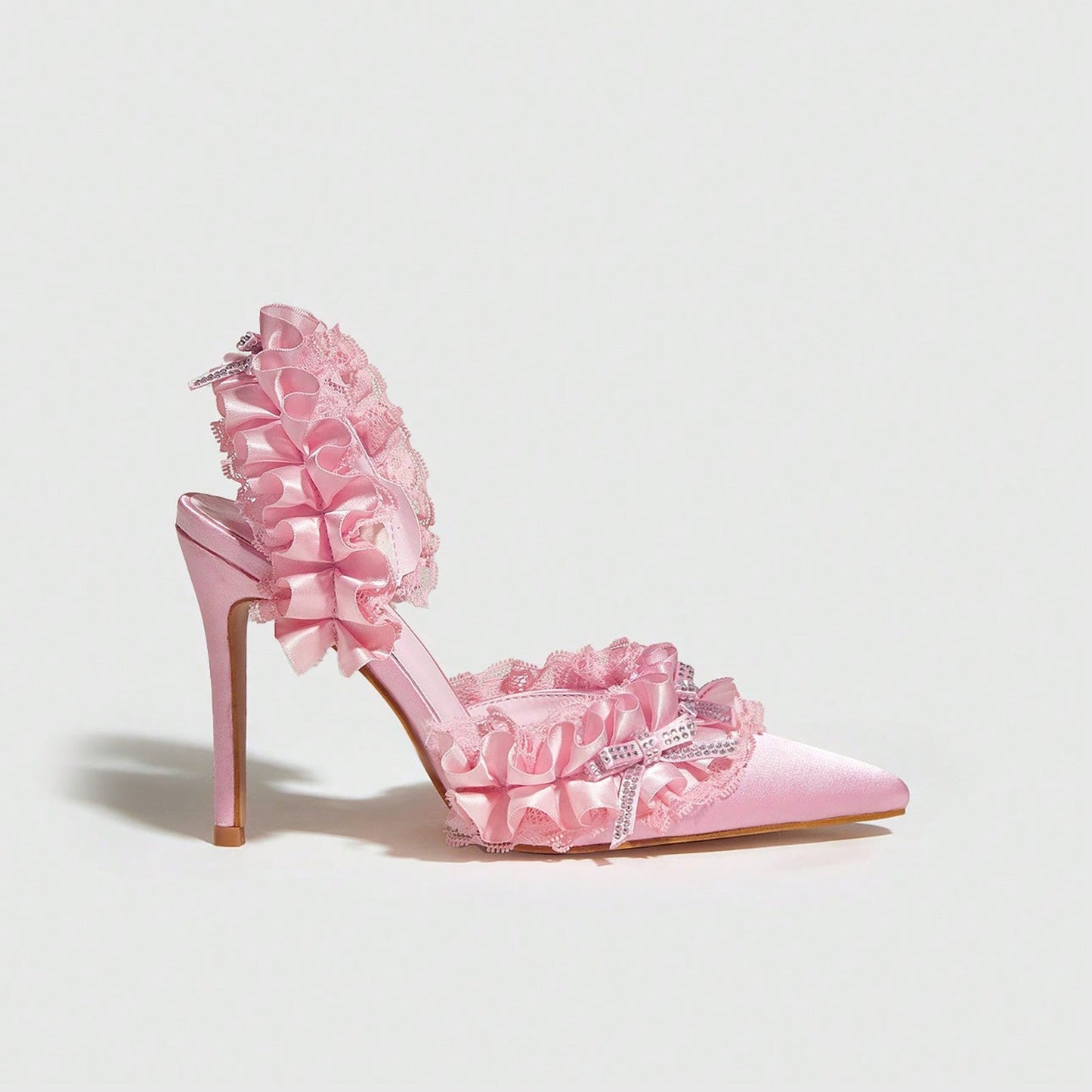 Rhinestone Bow High Heel Sandals Stiletto Heel Pointed Heels Women Black Pink Satin Surface 11cm