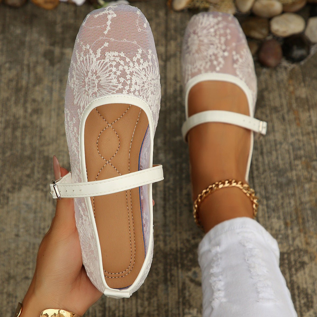 Mesh Breathable Low Top Shoes Women Vintage Mary Jane Flat Shallow Belt Buckle Loafers