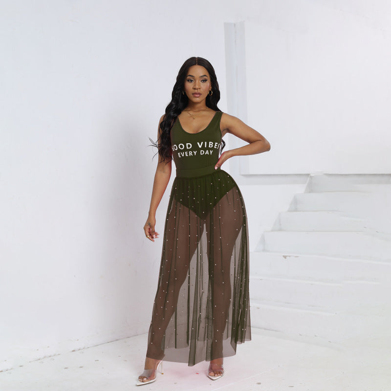 Summer Sexy Jumpsuit Beach Dress Two Piece Suit Handmade Beaded Transparent Mesh Skirt Set
