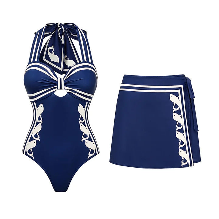 Swimsuit Navy Halter One Piece Swimsuit Set Women