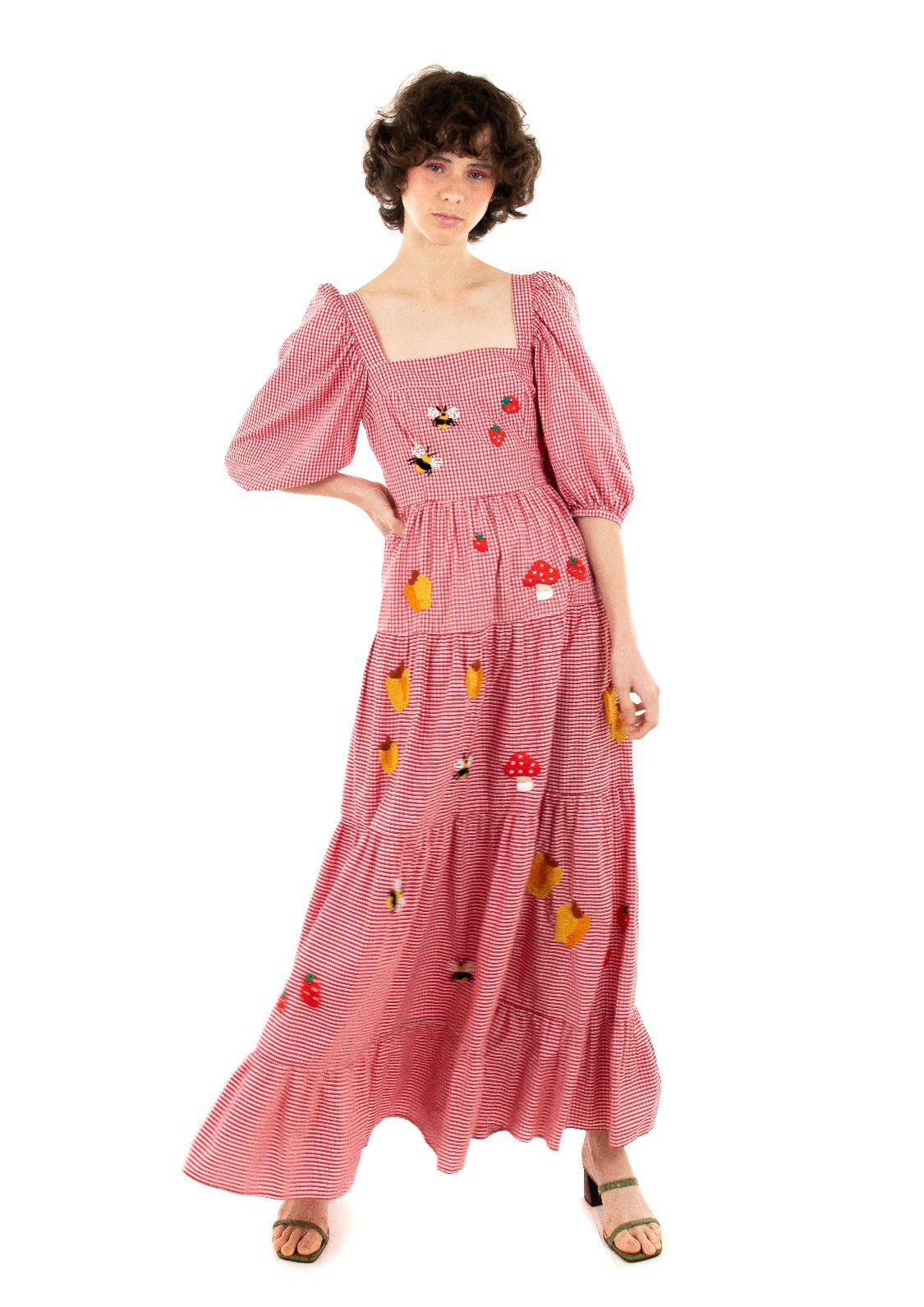 Autumn Puff Sleeve Embroidered Square Collar Swing Maxi Dress Beach Holiday Dress Women