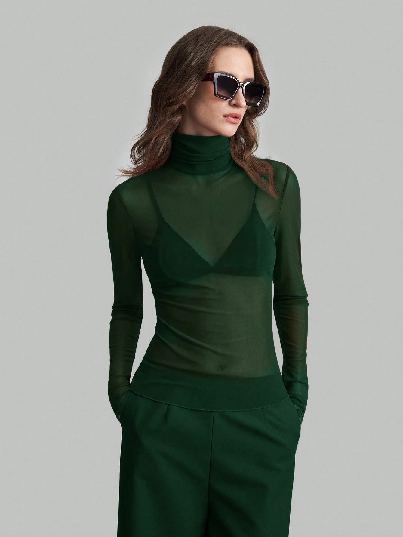Autumn Winter Stand Collar Solid Color Mesh Slim Fit Slimming Long Sleeves Office Top