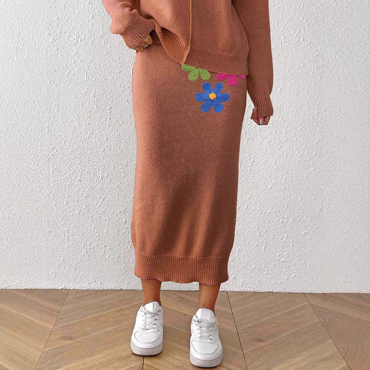 Women Clothing Mid Length Elegant Skirt Embroidered Floral Stitching Woolen Skirt