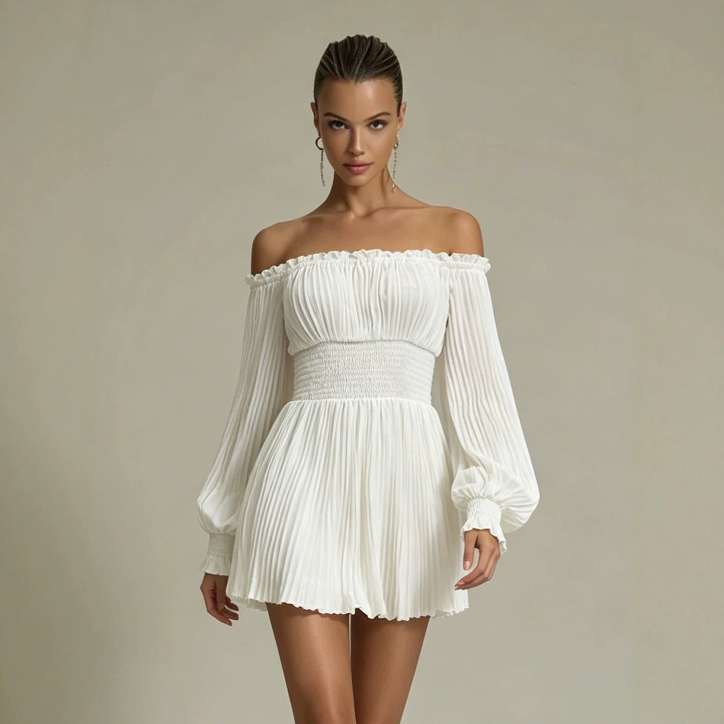 Summer Women Pleated off Neck Long Sleeve Smocking Waist Trimming Casual French Dress