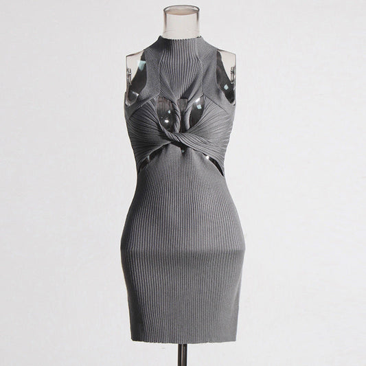 Sexy Sleeveless Elegant Design Hollow Out Cutout Twist Slim Fit Slimming Knitted Dress Women