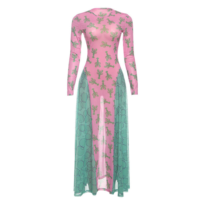 Autumn Retro Women Mesh round Neck Contrast Color Loose Waist Controlled Long Sleeves Printing Dress