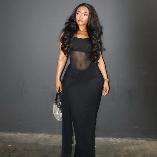 Women Clothing Solid Color Design Slightly Revealed Cropped Hip round Neck Slim Street Maxi Dress