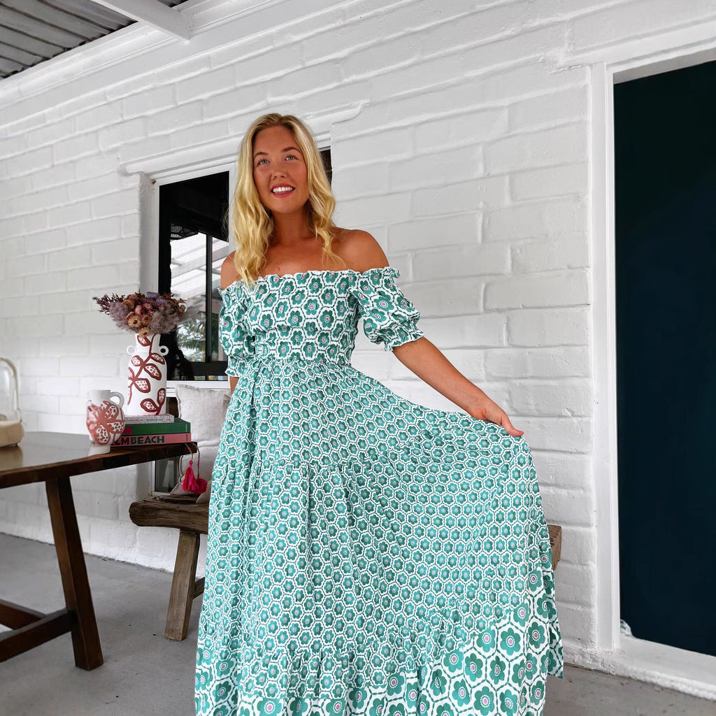 Women Clothing Printed Puff Sleeve Large Swing Dress