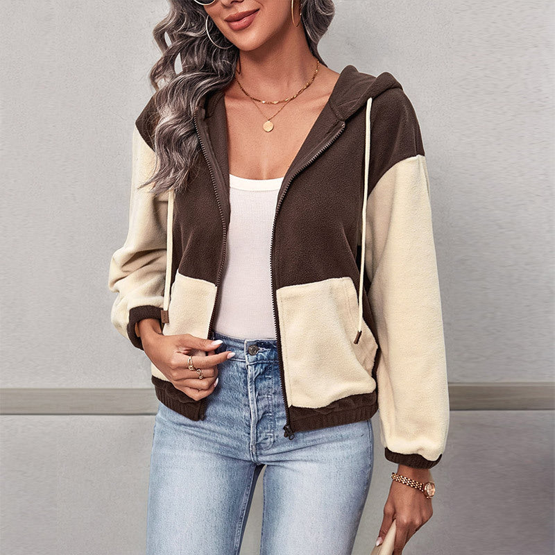Autumn Winter Casual Zipper Cardigan Hooded Color Matching Polar Fleece Jacket Women