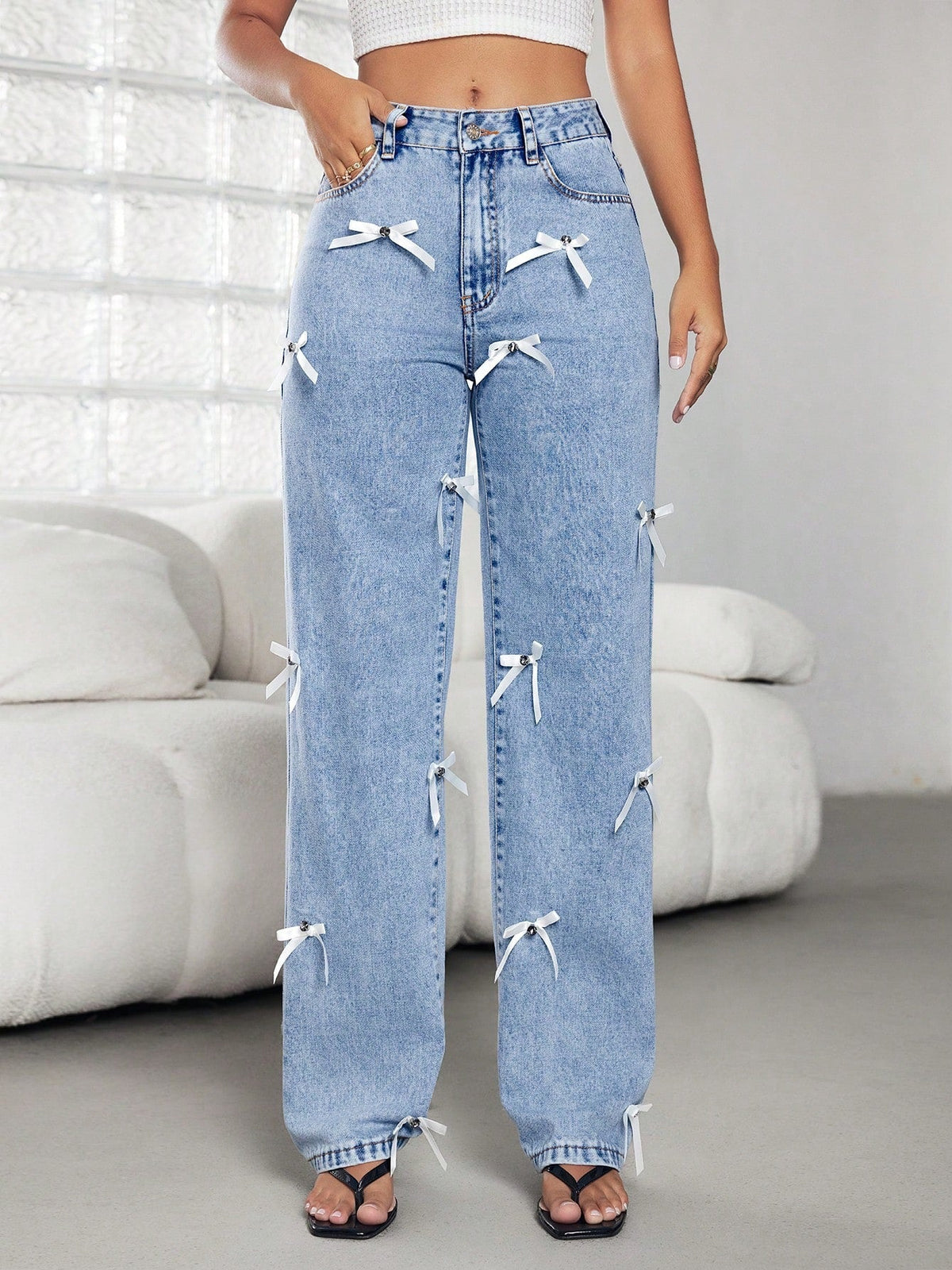 Bow Ribbon Women' Four Seasons Women Wide Leg Denim Trousers