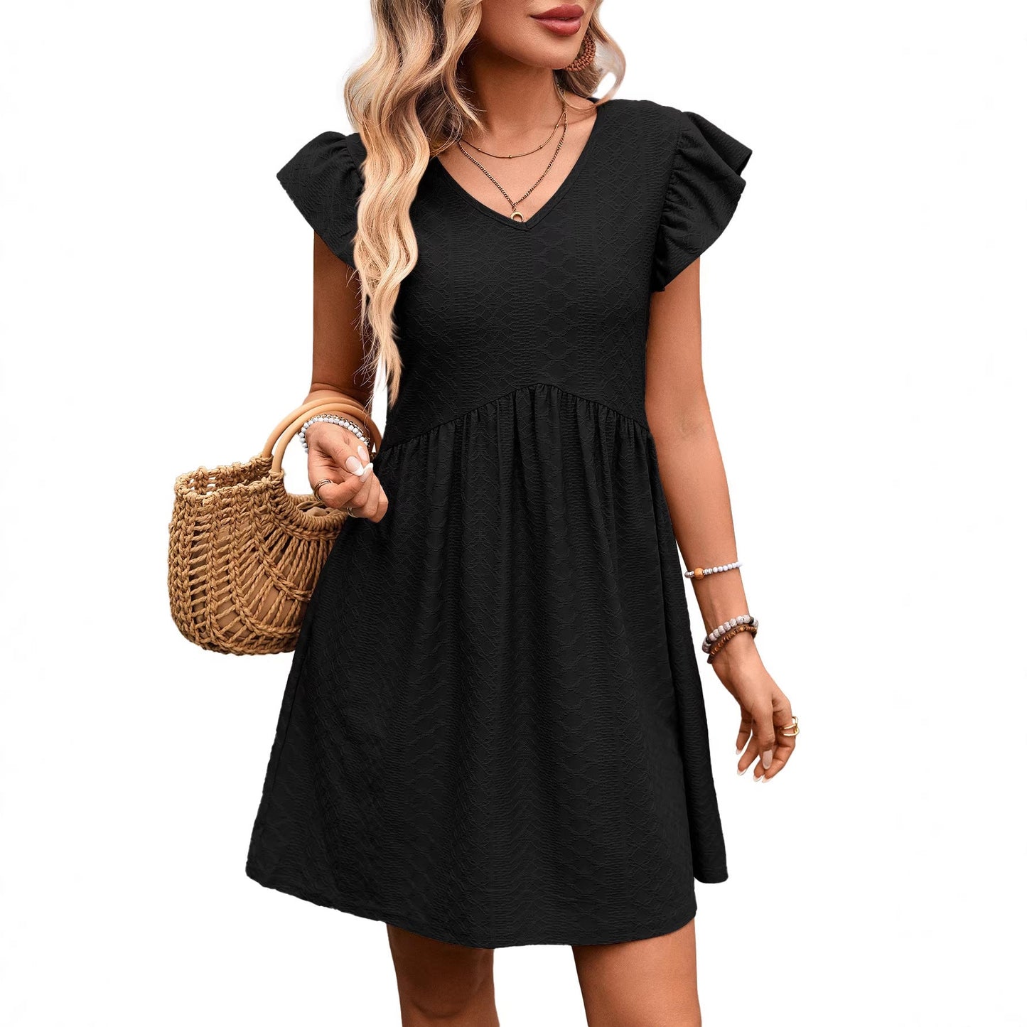 Summer Women Clothing V neck Ruffle Slimming Short Sleeve Large Swing Elegant Dress