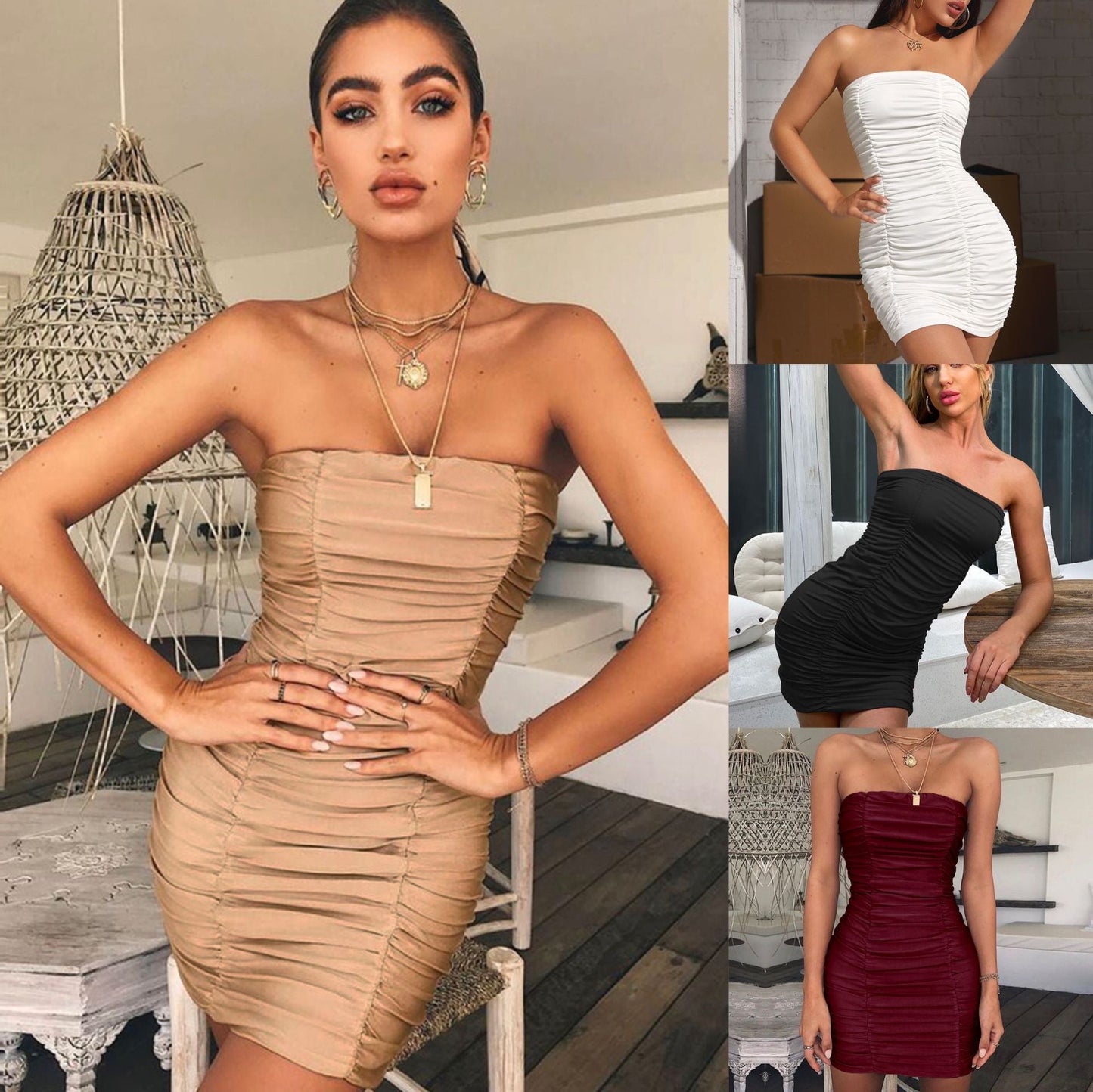 Spring Summer Women Clothing Sexy Tube Top Nightclub Ruffle Hip Dress