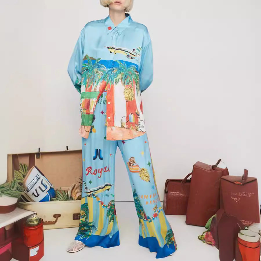 Spring Autumn Long Sleeve Printed Pocket Suit Casual Loose Vacation Two Piece Set Women