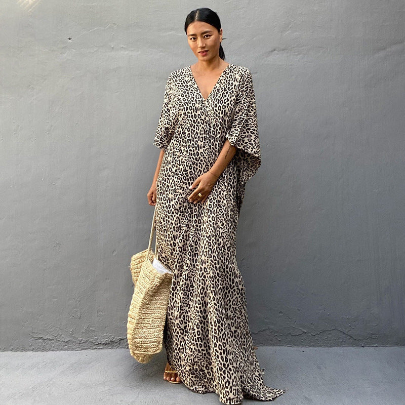 Printed Long Skirt Beach Cover up Vacation Maxi Dress Bikini Swimsuit Blouse Sun Protection Shirt