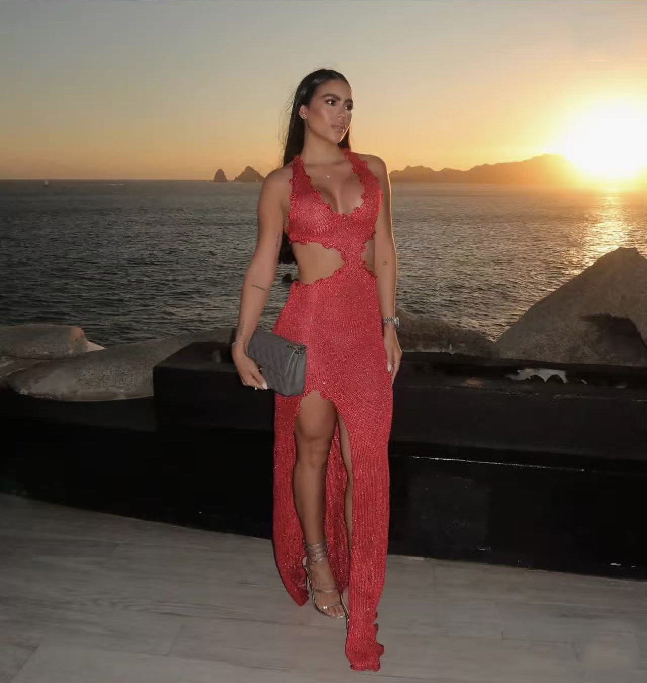 Spring Summer Deep V Plunge Cropped Outfit Lace up Split Bright Silk Handmade Crochet Woolen Dress