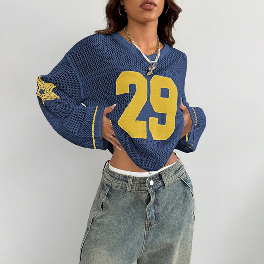 Casual Street Digital Printed V neck Long Sleeved Knitted Sweater